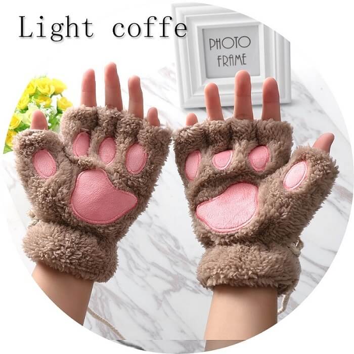Women Warm Cat Dog Paws Fingerless Gloves In Rwanda Light Coffee Women Warm Paws Fingerless Gloves - Image 1
