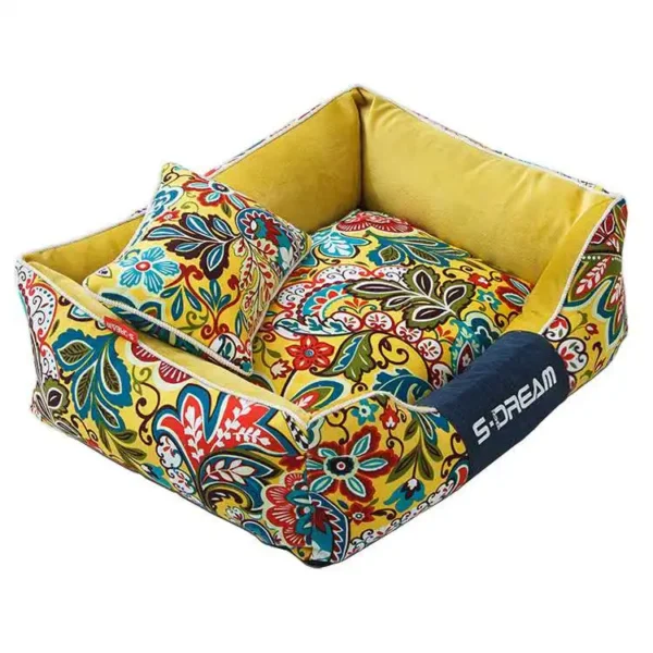 Yellow Wild Flowers Warm Cat & Dog Bed with Removable Cushion