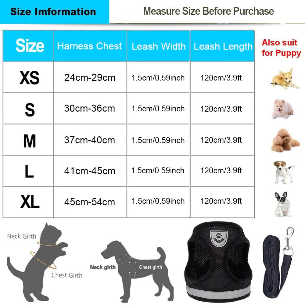 Size Chart Fitting Step-In Soft Vest Cat Harness + Leash at Petsasa Rwanda in Kigali