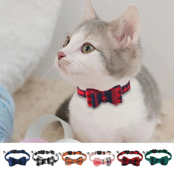 Beautiful-Cat-Collar-Festive-Plaid-Breakaway-Collar-With-Removeable-Bow-Bell-For-Cats-and-Dogs Buy Festive Plaid Breakaway Collar With Removeable Bow & Bell , For Cats and Dogs in Kigali at Petshop Rwanda