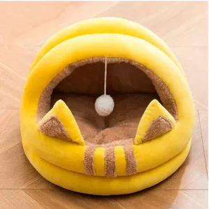 Yellow Remeow Snoozer Velvet Hooded Cat Bed for the royal pets in Rwanda