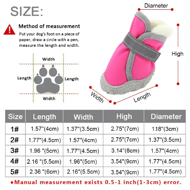 Size Guide for Fashion Bootie Warm Dog Boots at Petsasa Rwanda
