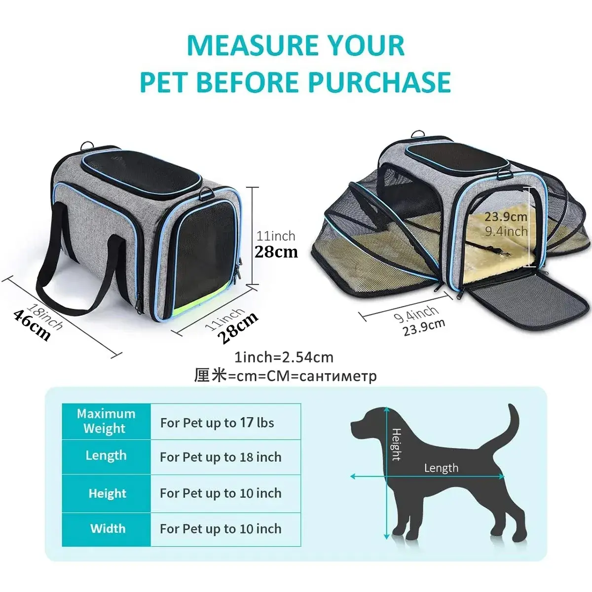 Dimensions Expandable Soft Airline-Approved Dog & Cat Carrier Bag